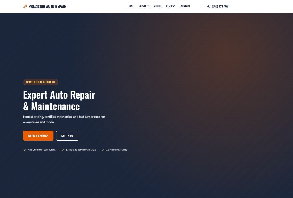 PixelCraft Auto theme homepage preview — Precision Auto Repair demo